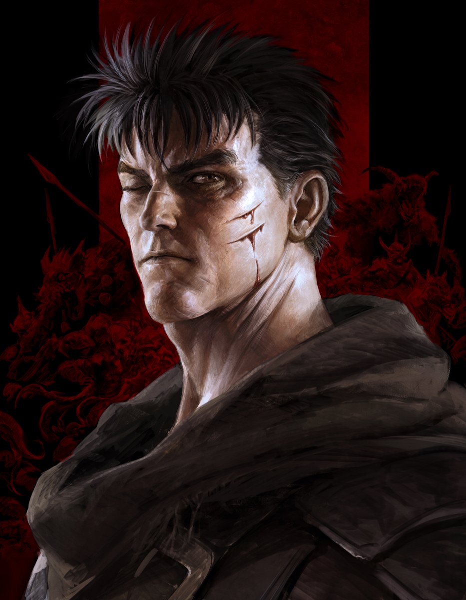 guts (berserk) 1boy male focus black hair solo scar scar on face blood  illustration images