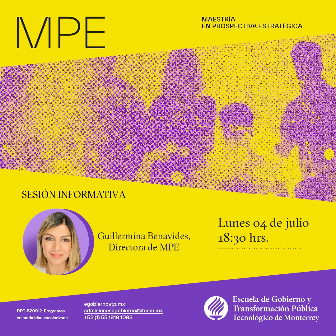 Analiza el futuro y desarrolla proyectos a largo plazo con nuestra Maestría en Prospectiva Estratégica #MPE.

Te invitamos a la #SesiónInformativa con la Dra. <a href="/GuillitaB/">Guille Benavides</a>

🔗 bit.ly/3xLt7wO

#FormamosElFuturo
#SomosEGobiernoyTP