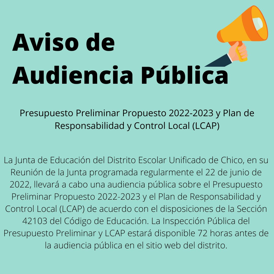We are seeking input on our Local Control Accountability Plan (LCAP) and budget at the June 22, 2022 Board Meeting (6:00 p.m. Open Session). Learn more about the LCAP on our website: bit.ly/3zUVGLc 

View the Board Meeting Agenda online: bit.ly/3n81V6I
