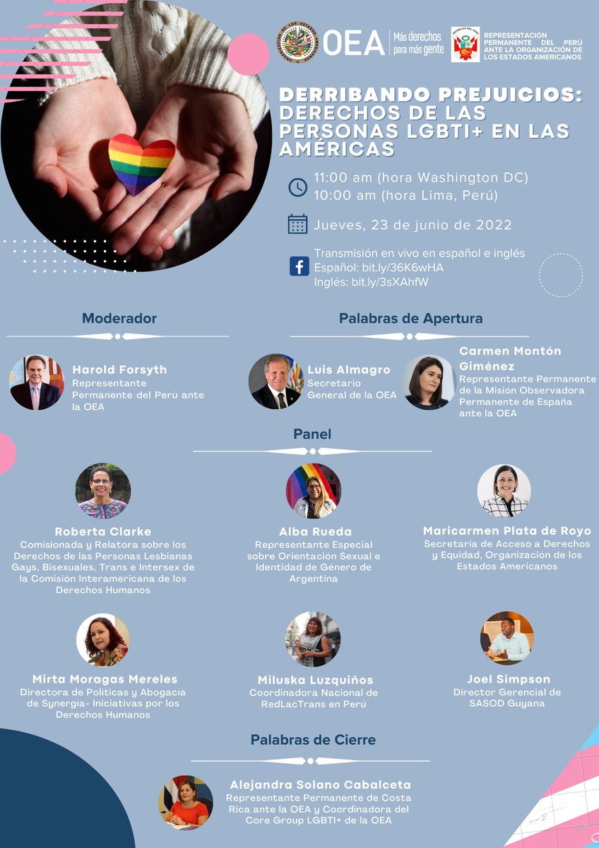 OEA_SocCivil's tweet photo. 📢#Panelistas Evento virtual en preparación para #AsambleaOEA en coordinación con @PeruOEA, dirigido a #SocCivil
🗓️ 23 de junio, 2022
⏱️ 11 :00 am (hora Washington DC)
Transmisión en vivo:
Español: https://t.co/fdpXSVPwr6
Inglés: https://t.co/xbI14N6pow https://t.co/Eoe9pQ4SEu