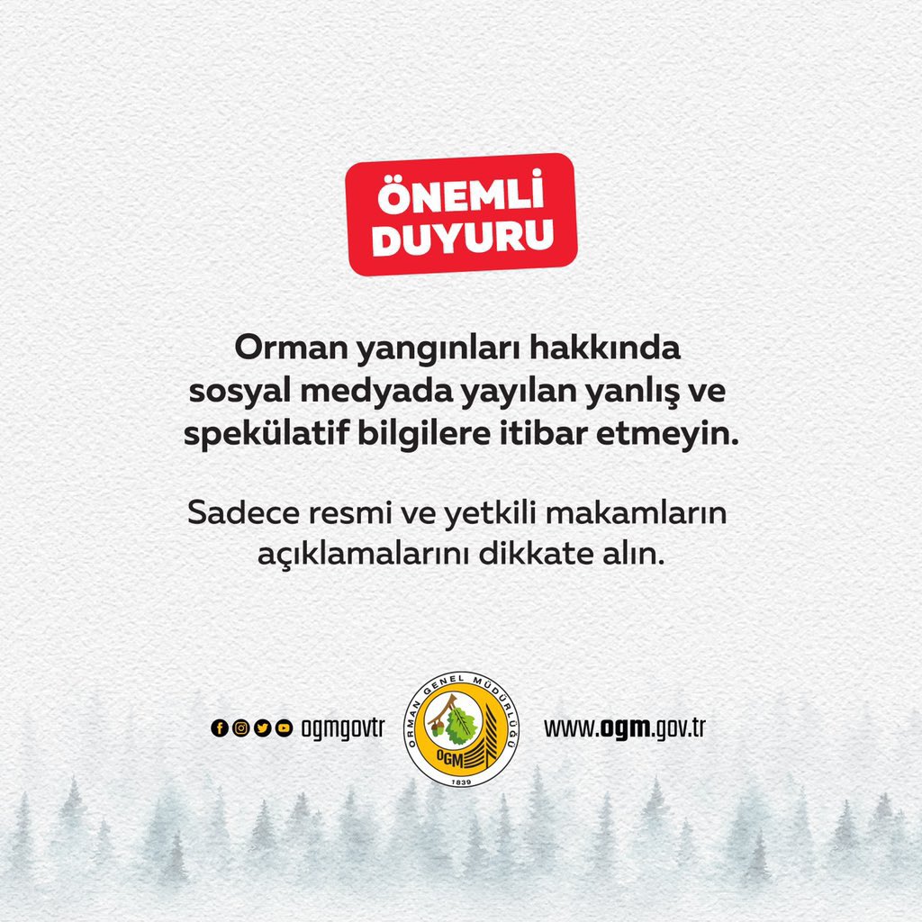 ÖNEMLİ DUYURU!⚠️

Yangınların ardından sosyal medyada yayılan yanlış ve spekülatif bilgilere karşı dikkatli olalım.

Vatandaşlarımızı, sadece resmî ve yetkili makamların açıklamalarını dikkate almaya davet ediyoruz.

#marmaris