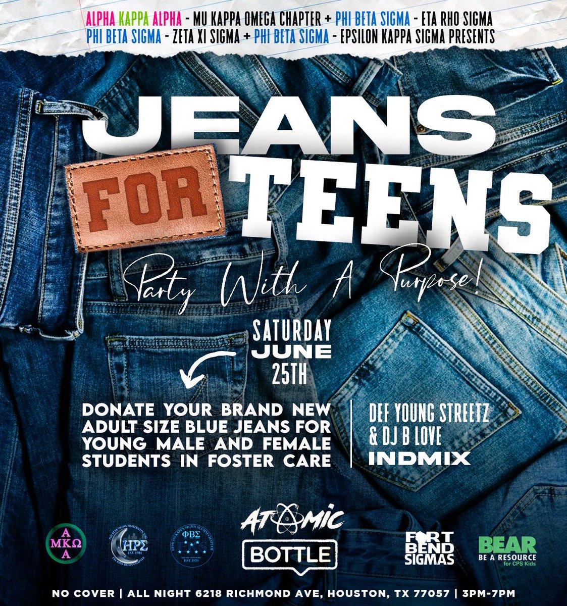 Join the MKΩ chapter of AKA, ZΞƩ, HPƩ, and EKƩ chapters of ΦBƩ for Jeans for Teens! Donate brand new jeans!
#Jeans4TeensHouston #MuKappaOmega