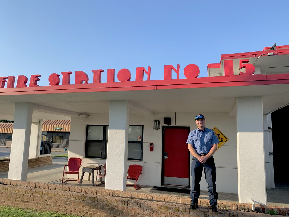 TulsaFire's tweet photo. “First Day” photos keep coming in. This was taken yesterday when probationary firefighter Blake Shadowens showed up for his first day of work at #Station15. Blake was in #AcademyClass108 that graduated on Thursday. #nothisrealhelmet #TFDFirstDayPhotos #LegacyBuiltOnAdmiralPlace https://t.co/MgprOJjUQh