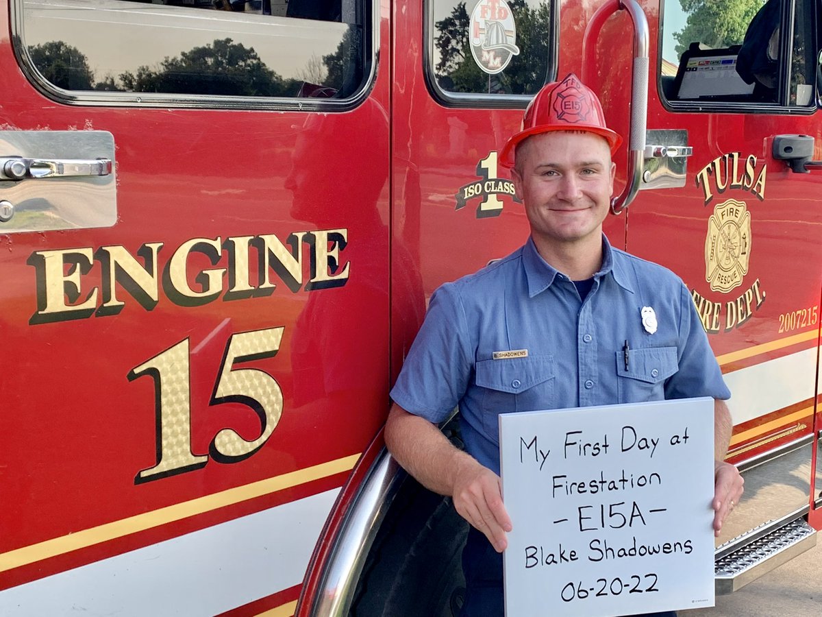 TulsaFire's tweet photo. “First Day” photos keep coming in. This was taken yesterday when probationary firefighter Blake Shadowens showed up for his first day of work at #Station15. Blake was in #AcademyClass108 that graduated on Thursday. #nothisrealhelmet #TFDFirstDayPhotos #LegacyBuiltOnAdmiralPlace https://t.co/MgprOJjUQh