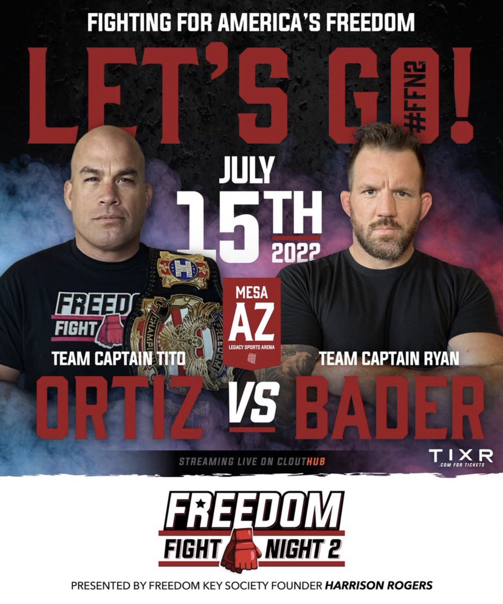 FreedomFightLg's tweet photo. FIGHTING FOR AMERICA’S FREEDOM. 

🗓￼: July 15th, 2022
📍: Mesa, Arizona, Legacy Sports Arena

Team Tito VS. Team Bader

Streaming LIVE on CloutHub! ￼ https://t.co/vea7rmiYfN
