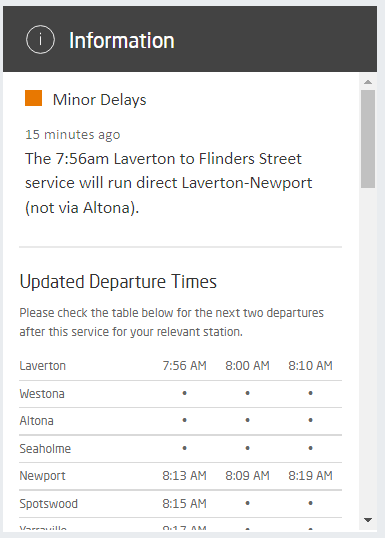 danielbowen's tweet photo. The "updated departure times" feature is often useful, but not in this case for the people most affected by this change, waiting at Westona, Altona and Seaholme. #MetroTrains #AltonaLoop https://t.co/CQJ8mEyaJv