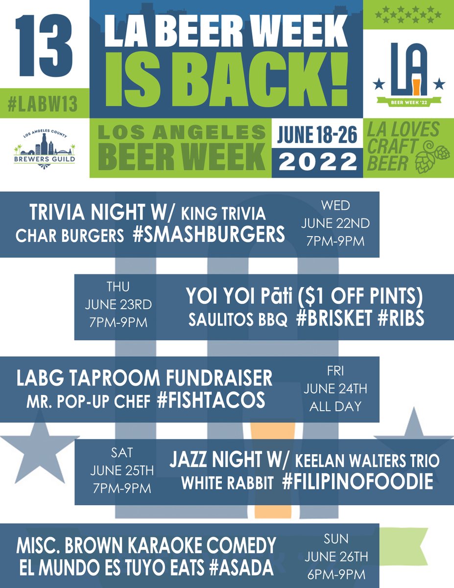 BrewyardBeerCo's tweet photo. Stop by today and grab a pint to celebrate #LABEERWEEK with us! Check our taproom schedule for this week. We have a lot going on. Great beer, great food and great entertainment. https://t.co/3dhkLFceKt