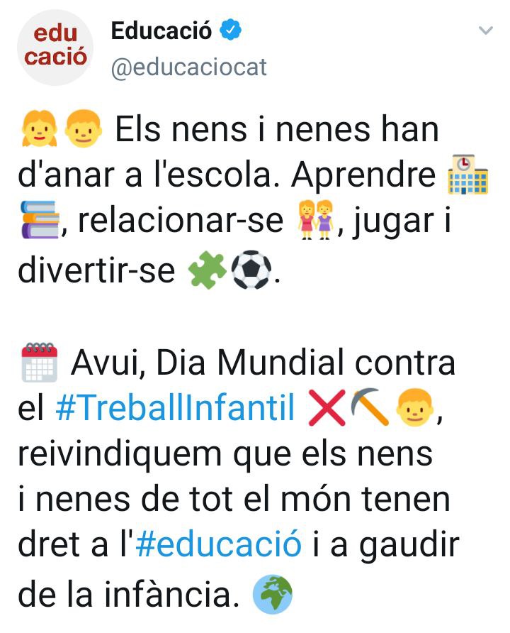 Perquè gaudir de la infància no ha de ser obligatòriament estar tot el dia a l'escola! S'ha de gaudir fora, en família,sense perdre el dret a l'educació. <a href="/EduiLlibertat/">Associació Educacio i Llibertat</a> defensa els drets dels infants per igual
<a href="/JosepGCambray/">Josep G. Cambray</a> les famílies tenim dret a decidir #volemjornadacontinua