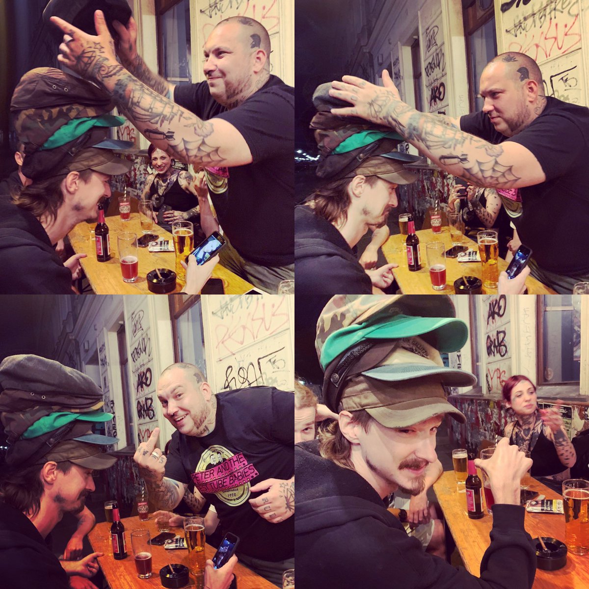 Made some random friends in Berlin out and about last night…Sinners banjo shredder @clydemcgeemusic trying on some hats #debauchery #berlin #sinnersarewinners