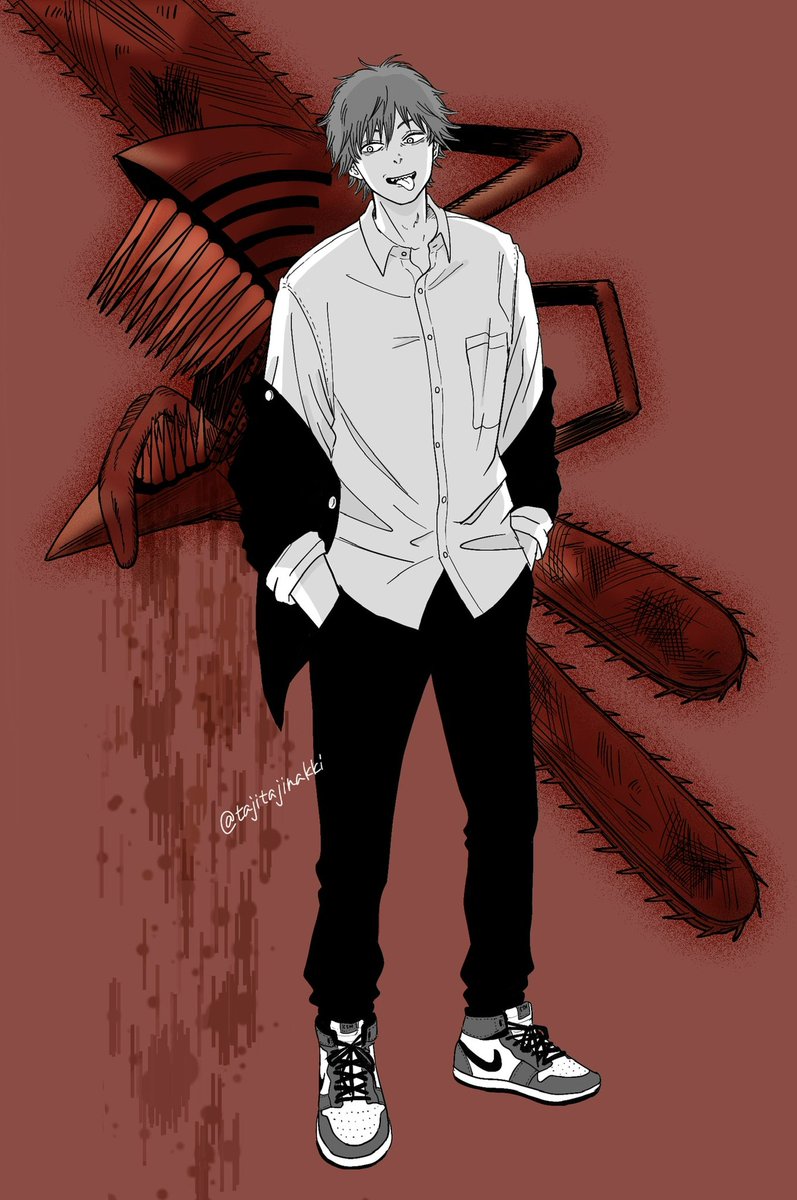 denji (chainsaw man) 1boy chainsaw shirt hands in pockets tongue red background simple background  illustration images