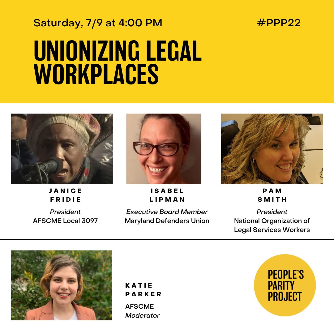 All workers deserve a union, and that includes lawyers. We can't wait for 'Unionizing Legal Workplaces' at #PPP22, where we'll be covering topics including why your legal workplace should unionize, the nitty gritty of how to make it happen, and what to expect after you win.