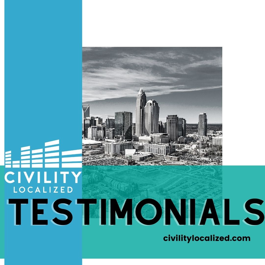 civilityco's tweet photo. Did you know that #CivilityLocalized (Amplify CLT) has been bringing equity & excellence to community engagement for 4 years? Next week is our Business Birthday! To celebrate, we're taking a look back at what former clients have had to say about us. #testimonial #4yearsinbusiness https://t.co/o7WX79Pw0t