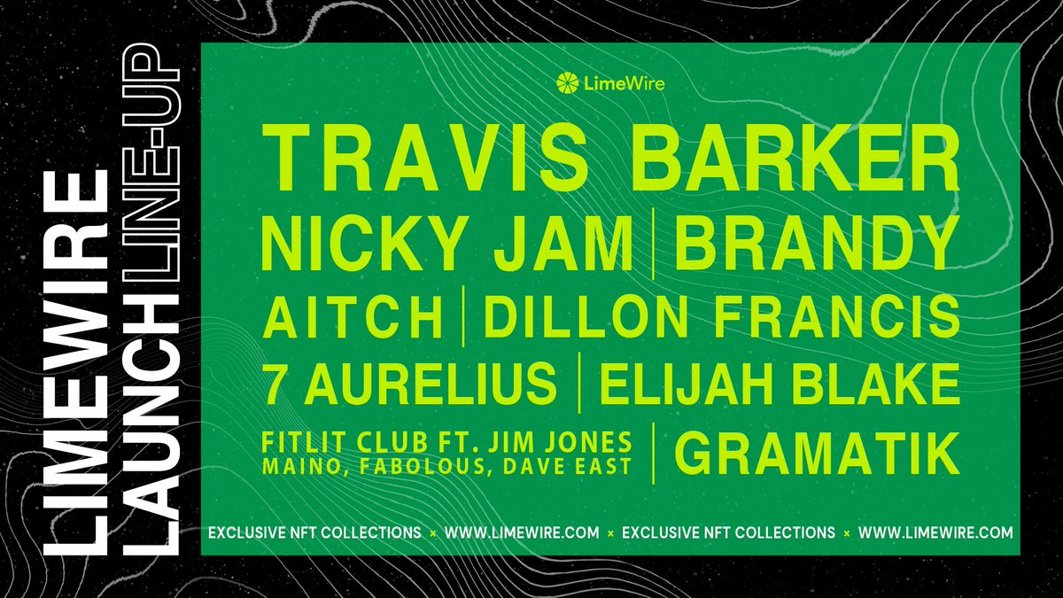 Relaunching with a BANG!💥
We’re bringing you digital collectibles, created by your favorite artists, all in one marketplace.
Register via limewire.com and follow the creators to be first to learn about all exclusive drops.

#LimeWire #LWCollectibles