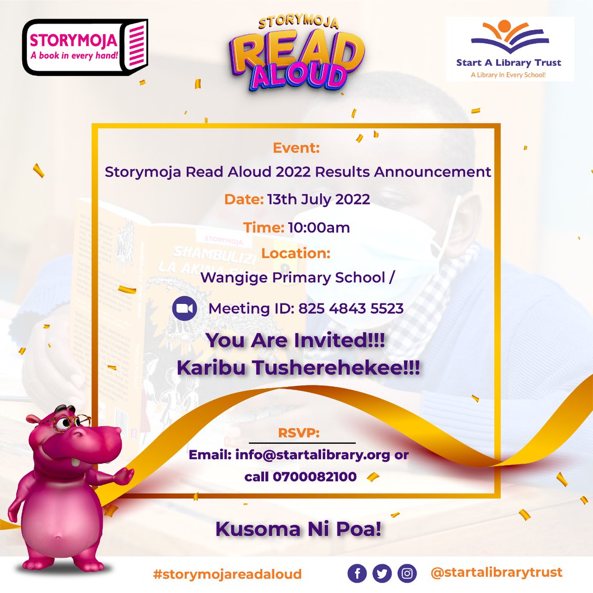 startalibrary's tweet photo. And the long wait is finally over, tallying of the #storymojareadaloud 2022 is complete and results are in 🎊❤📚
Join us on Wednesday, July 23th 2022, at Wangige Primary school at 10am for the 2022 Results Announcement

Zoom link https://t.co/mWL8madCmF
@Storymoja @AllforBooksKe https://t.co/7lcP2w5zC8