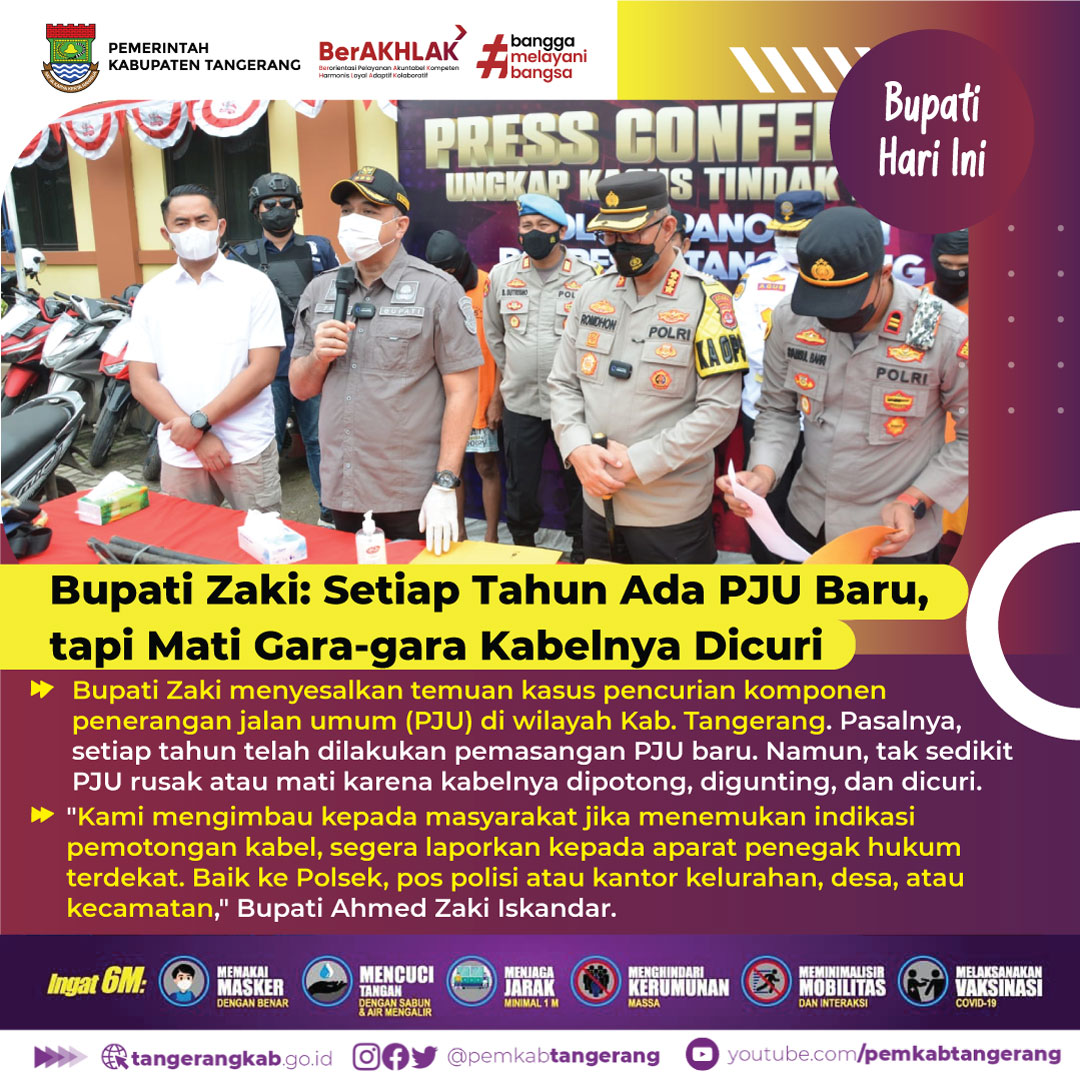 PemKabTangerang's tweet photo. Kadishub Kab. Tangerang, Agus Suryana mengapresiasi jajaran Polres Kota Tangerang atas pengungkapan kasus pencurian kabel optik Penerangan Jalan Umum (PJU) diwilayah Kabupaten Tangerang.

#Butini #PencurianPJU #BupatiZaki #KabelDicuri https://t.co/dGbBnNgrMn