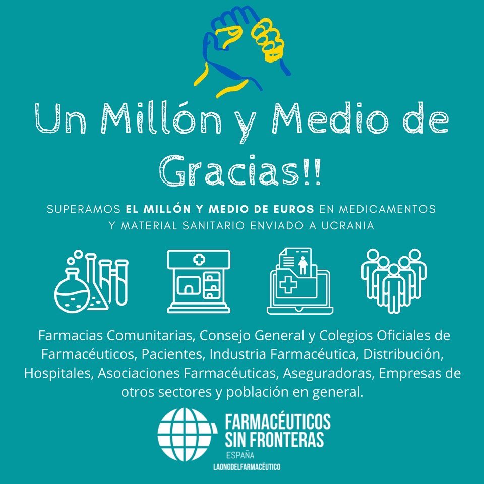 COFGU1's tweet photo. @FarmaSinFronter suma 1,5 Millones de Euros en Ayuda Humanitaria Farmacéutica a Ucrania.

Cuando se cumplen cuatro meses desde que La ONG del Farmacéutico comenzase a trabajar para ayudar al pueblo ucraniano, llegamos al millón y medio de euros en ayuda enviada. https://t.co/v8uDYCqpem