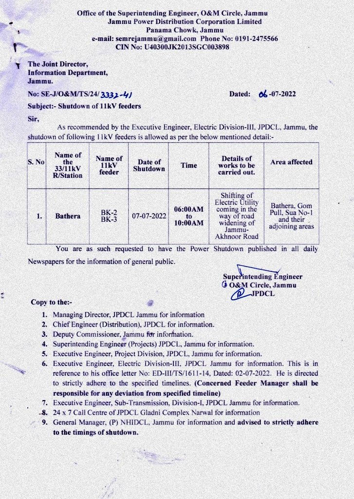 #POWER #SHUTDOWN
<a href="/pddjkofficial/">Power Development Department, J&K</a>
<a href="/diprjk/">Information & PR, J&K</a> 
@ChairmanJPDCL 
<a href="/JPDCLofficial/">Jammu Power DISCOM</a> 
<a href="/ChiefJammu/">Chief Engineer Distribution, JPDCL Jammu</a> 
<a href="/ED3JPDCL/">Electric Division-III, JPDCL</a>
<a href="/ITJPDCL/">IT&C Division, JPDCL; J&K PDD, Jammu</a>
