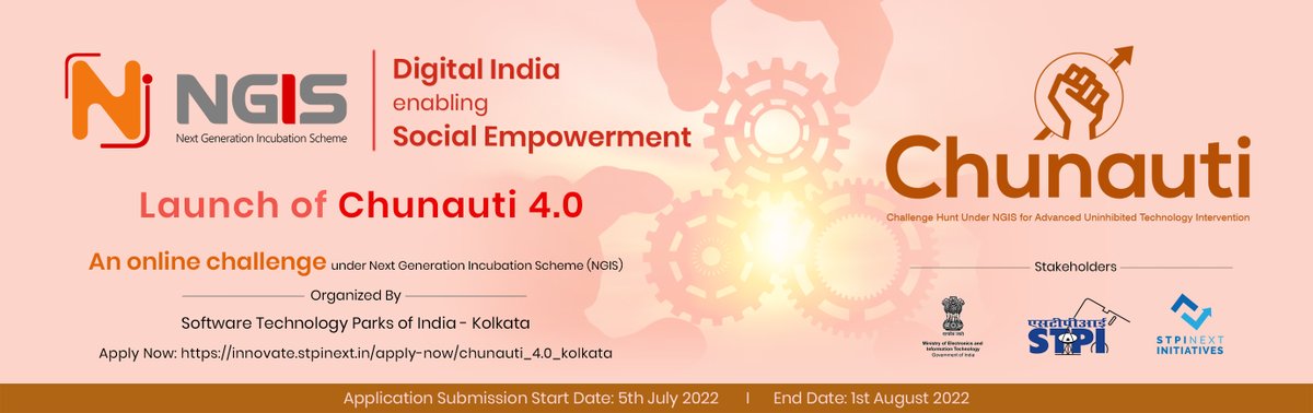 #STPIINDIA through #NGIS  #Chunauti 4.0 provides support for promising #Startups working towards “Digital India enabling Social Empowerment'.
Apply Now:  innovate.stpinext.in/about-us/chuna…  Last date: 01st August 2022. #DIW2022 #StartupConference