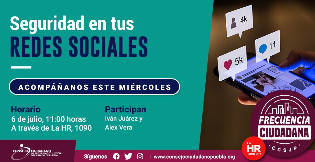 Hoy en #𝔽𝕣𝕖𝕔𝕦𝕖𝕟𝕔𝕚𝕒ℂ𝕚𝕦𝕕𝕒𝕕𝕒𝕟𝕒🎙️📻estaremos hablando de cómo mantener seguridad en tus 📱👩🏻‍💻👨‍💻 redes sociales. ¿Nos acompañas? 

¡Escúchanos en punto de las 1⃣1⃣ horas a través de La HR (1090 AM)!