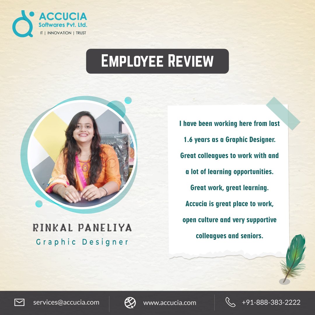 Happy Employees = A Growing Company 

#employee #employeereview #graphicdesigner #workplace #review #accuciasoftwares #accucia #employeeexperience #companyculture #happyemployees