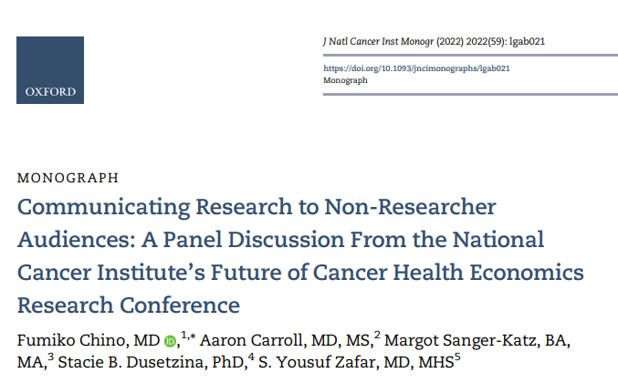 Fumiko Ladd Chino, MD, FASCO (@fumikochino) on Twitter photo Scientists NEED to become better communicators.
Proud of this manuscript highlighting HOW to present your research to diverse audiences, WHY it matters, and some Do's & Don'ts.
With: Drs <a href="/aaronecarroll/">Aaron E. Carroll</a> <a href="/DusetzinaS/">Stacie Dusetzina</a> <a href="/yzafar/">Yousuf Zafar, MD MHS</a> & Ms. <a href="/sangerkatz/">Margot Sanger-Katz</a> in <a href="/JNCI_Now/">JNCI</a> academic.oup.com/jncimono/artic⦠Scientists NEED to become better communicators.
Proud of this manuscript highlighting HOW to present your research to diverse audiences, WHY it matters, and some Do's & Don'ts.
With: Drs <a href="/aaronecarroll/">Aaron E. Carroll</a> <a href="/DusetzinaS/">Stacie Dusetzina</a> <a href="/yzafar/">Yousuf Zafar, MD MHS</a> & Ms. <a href="/sangerkatz/">Margot Sanger-Katz</a> in <a href="/JNCI_Now/">JNCI</a> academic.oup.com/jncimono/articā¦
