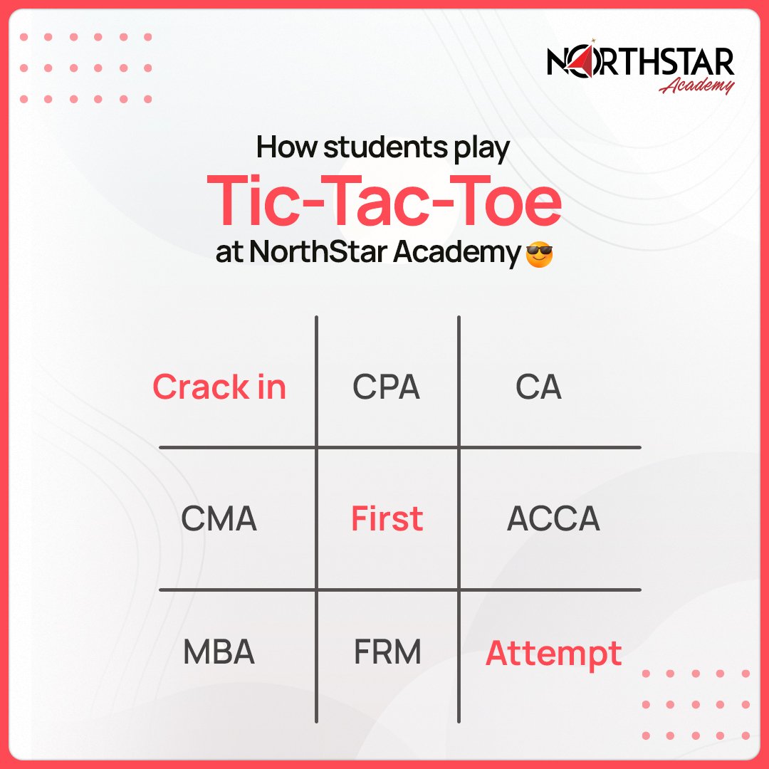 NorthStar_Acad's tweet photo. If this is how you wanna play your favourite game of Tic-Tac-Toe and strike your finance goal in one go,😎🎖

Enroll Now(Link in Bio) with @NorthStar_Acad and achieve success at every step of your finance journey.🚀🤩

#NorthStarAcademy #StarsOfNorthStar #CMAUSA #CPA #Accounting https://t.co/XvWaUeIOtN
