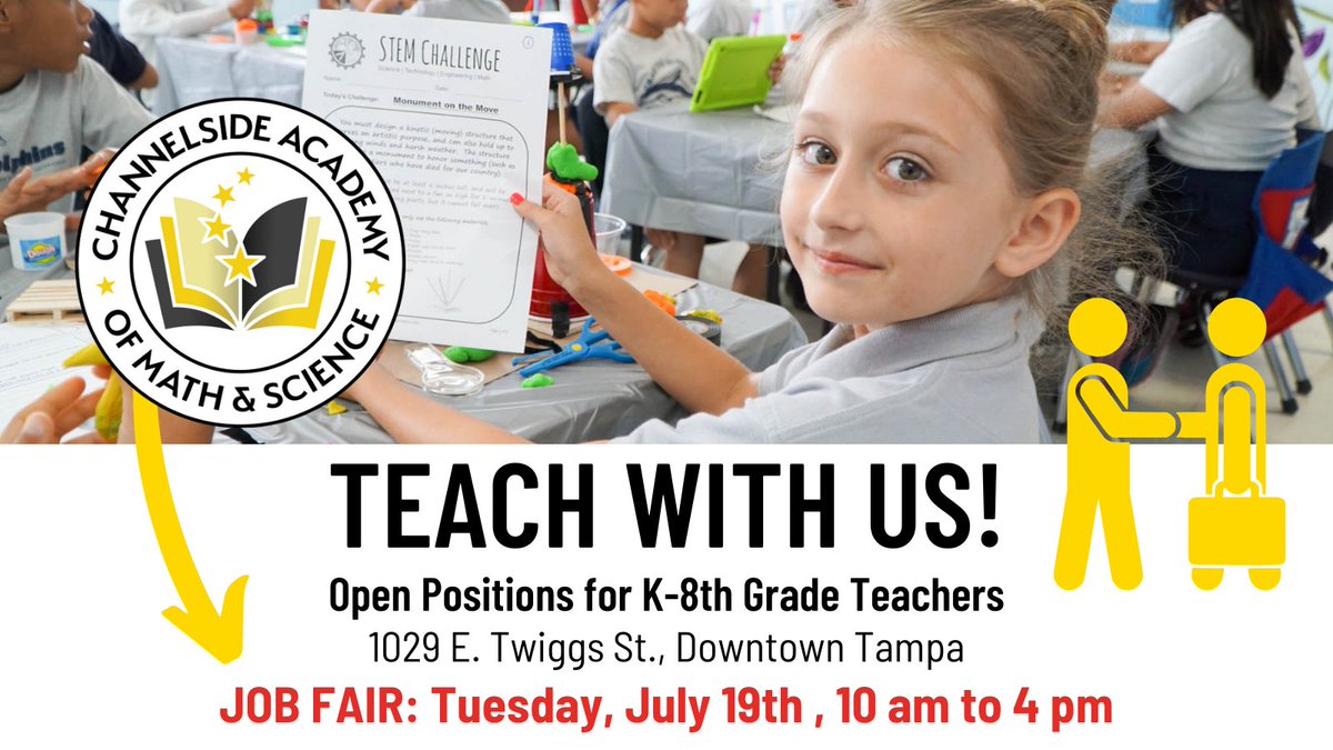 We are hiring Teachers
Downtown Tampa 
K-8th Grade School
Join us at our Job Fair
Tues, 7/19, 10–4 pm
#tampa #downtowntampa 
#teachers #jobs #jobfair 
#hillsborough