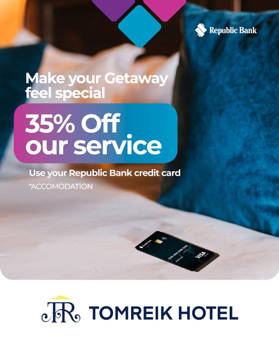 RepublicBankGh's tweet photo. Did you know you can enjoy discount anytime you use your Republic Credit Card with any of our discount partners. Enjoy up to 35% off services at Tomriek Hotel located at East Legon, Lagos Ave. Republic Bank…We’re the One for You!
#republicbankghana
#discountpartner https://t.co/Igft4KmVh5