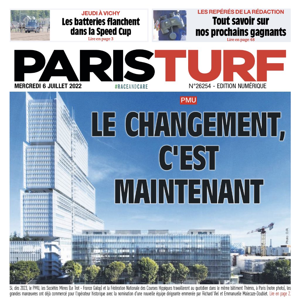 Paris_Turf's tweet photo. 📰 En Une de ParisTurf

🆕 Le Conseil d’Administration du @PMU s’est réuni mardi matin pour désigner une nouvelle gouvernance.

🚀 La #SpeedCup 2022 se déroulera en une seule manche, jeudi soir à Vichy.

💯 Tout savoir sur nos prochains gagnants dans les repérés de la rédaction. https://t.co/b3yXage8FI