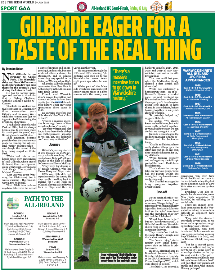 theirishworld's tweet photo. Warwickshire's Niall Gilbride has a Croke Park All-Ireland final in his sights - See this week's IW Sport! @warwickshireclg @SeanMcDermotts1 @BPCGAA @officialgaa @RTEgaa @hoganstandgaa https://t.co/ARp5b6bVHM