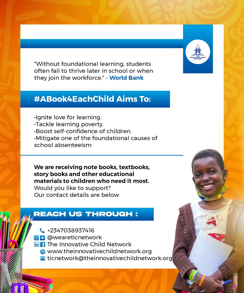weareticnetwork's tweet photo. Thanks to all the authors whose books shaped our lives, Thanks to you too if you would do same by giving #ABook4EachChild.

Please reach out to us! 

#Literacyforall #TICNetwork https://t.co/uB2kUFwZ2I