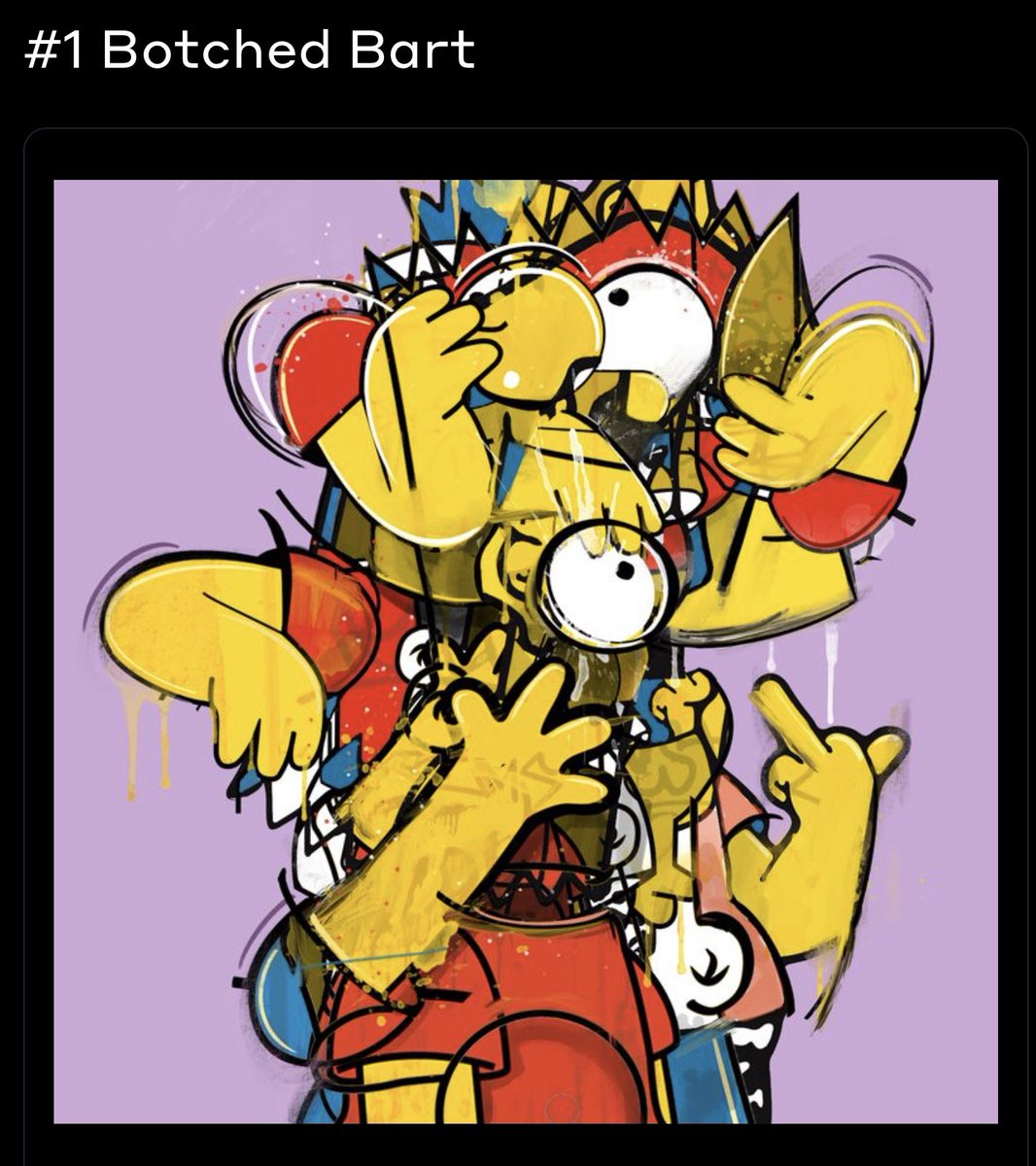 mfwArt's tweet photo. Number #1 in the collection ‘Botched Bart’, 1/1, 50% off today! Krumblin Krusty SOLD! Can’t wait to share the next works in the collection, they’re just getting weirder!  https://t.co/tfYUMVtxPG  #nftdiscount #nft #nftart #bartsimpson #bartart #HBARbarians #HBARNFT #NFTCollection https://t.co/aEPiKko6bX