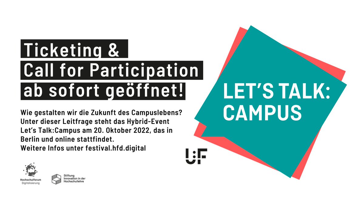 Wie gestalten wir die Zukunft des Campuslebens? 

Mitdiskutieren und dabei sein - am 20. Oktober 2022 bei Let's Talk:Campus, in Berlin &amp; und online! 

👉Ab sofort sind Anmeldung &amp; Call geöffnet: hochschulforumdigitalisierung.de/de/news/lets-t…

#LetsTalkCampus #UFFestival #DigitalTurn