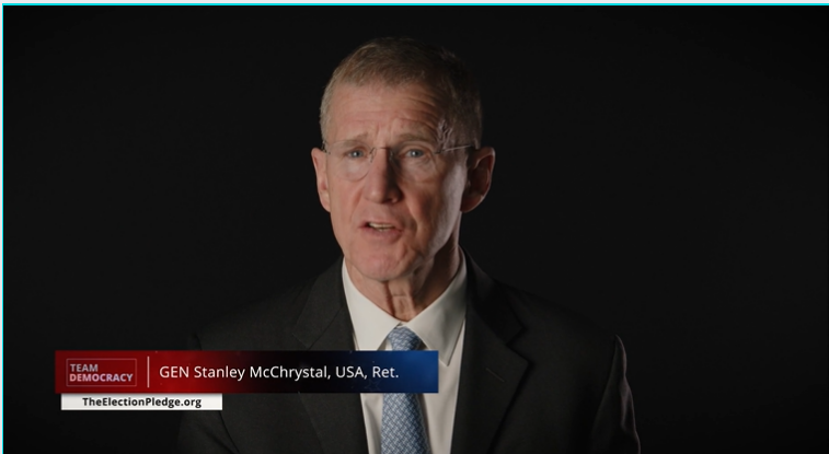 TeamDemocracy's tweet photo. "What I worry about most in America today is disinformation & what that’s produced: deep polarization of our society + difficulty in coming together to protect... our democracy." - ret. US Gen. @StanMcChrystal joins @MarkHertling to sign the #SAFEPledge at https://t.co/wXNBJc5xcR https://t.co/zjmywlzQG6