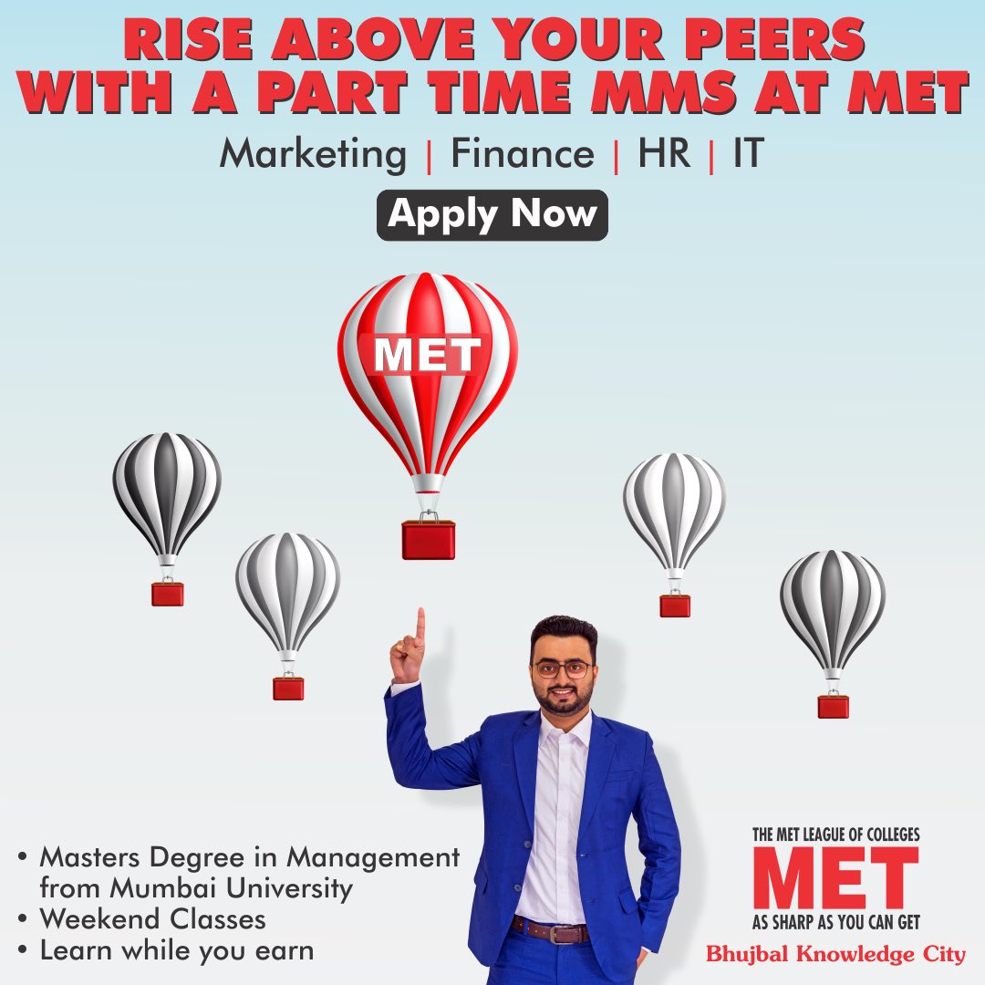 METedu's tweet photo. Accelerate your career growth with Mumbai University’s Part-Time MMS at MET: Mumbai’s 4th Best #BSchool | Weekend Classes | Specialise in Marketing, Finance, HR or IT
To know more about Part-Time #MBA at MET visit https://t.co/8AIIQrKyTn
#LifeatMET #executivemba #parttimeMBA https://t.co/z07yeqZ0TS