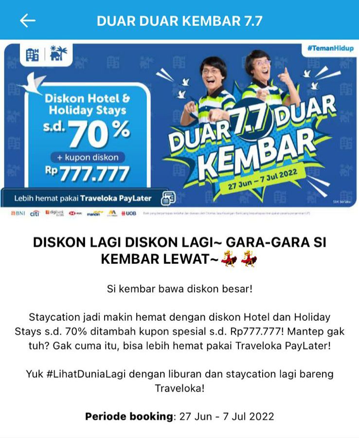 littlewizard__'s tweet photo. Duar duar kembar ga tuh, diskon Hotel dan Holiday Stays s.d. 70% + kupon spesial s.d Rp777.777, pake promo #DuarDuarKembar dari Traveloka kesayangaaan. Cek link https://t.co/TdipncZVm1 https://t.co/HTBF63n7jN