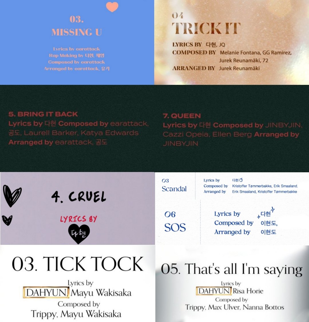 dahyunpie's tweet photo. LYRICS BY DAHYUN 🤍✨

2017
MISSING U (RAP)

2019
TRICK IT

2020
BRING IT BACK
QUEEN 

2021
Scandal
SOS
CRUEL

2022
TICK TOCK
That's all I'm saying https://t.co/ze01LrqHZR