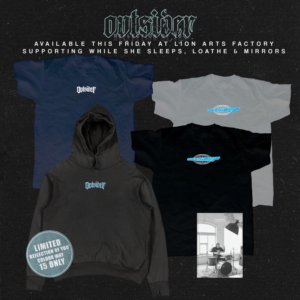 OutsiderADL's tweet photo. Our new merch as arrived.
Including our first zine, Reflection Of Us.

Sizes are limited, the last time we embroidered hoodies they didn’t make it to a socials post before selling out.

Available first this Friday w/@whileshesleeps , @loatheasone , and @mirrorsaus https://t.co/gGcCs0SlMt