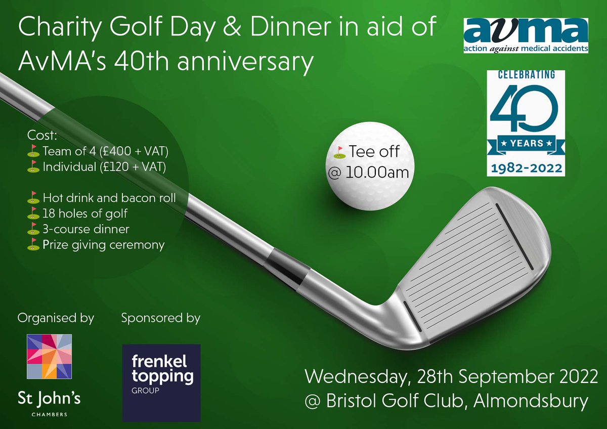 Our Clinical Negligence team, and sponsors, <a href="/FrenkelTopping/">Frenkel Topping Group</a> are set to organise the South West’s best #Golf day of 2022 in aid of <a href="/AvMAuk/">AvMA</a> 40th anniversary on 28th September at <a href="/BristolGC/">Bristol Golf Club</a> 
#Charity #golfers 

Book here: tinyurl.com/2hhaawf4