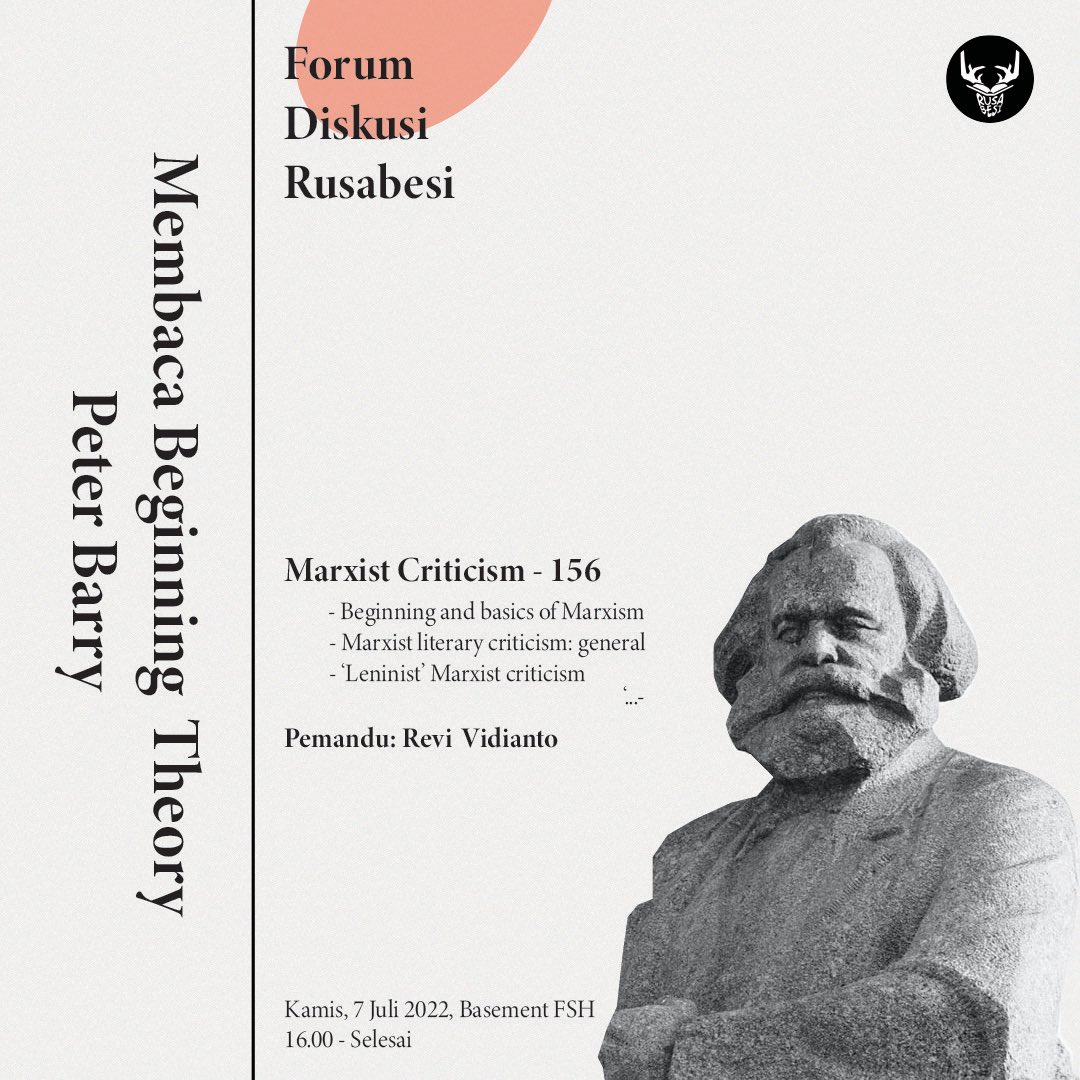 rusabesi's tweet photo. Membaca Beginning Theory - Peter Barry

Marxist Criticism 

Pemandu: Revi Vidianto 

Kamis, 7 Juli 2022
16.00 - selesai
Basement FSH https://t.co/PgHH6qkoh8