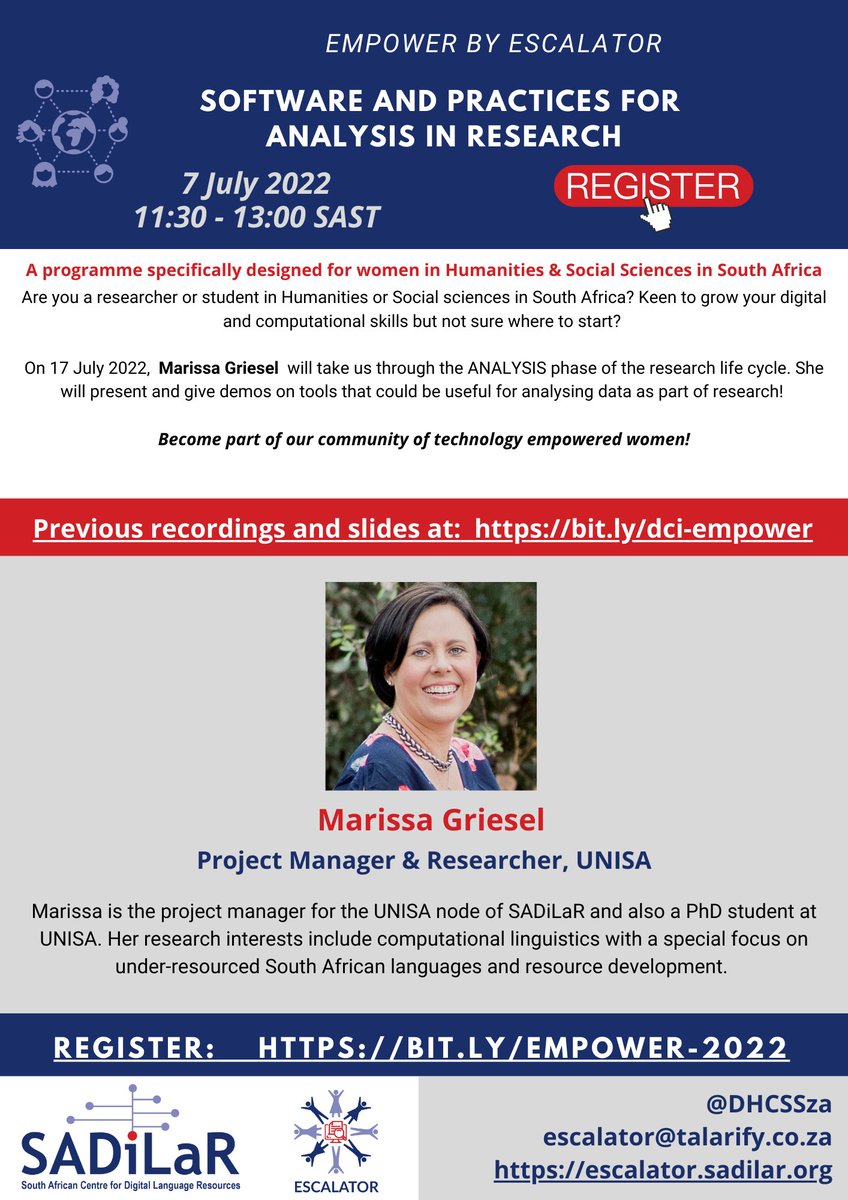 Digital Humanities & Computational Social Sciences (@dhcssza) on Twitter photo Join us tomorrow (7 July 11:30 - 13:00 SAST) for the EMPOWER monthly meetup. The focus will be on the ANALYSIS phase of the research life cycle.
Register now: bit.ly/empower-2022
<a href="/aneldavdw/">Anelda van der Walt</a> <a href="/noma_maphanga/">Nomalungelo Maphanga</a> <a href="/annemtreasure/">annetreasure</a> Join us tomorrow (7 July 11:30 - 13:00 SAST) for the EMPOWER monthly meetup. The focus will be on the ANALYSIS phase of the research life cycle.
Register now: bit.ly/empower-2022
<a href="/aneldavdw/">Anelda van der Walt</a> <a href="/noma_maphanga/">Nomalungelo Maphanga</a> <a href="/annemtreasure/">annetreasure</a>