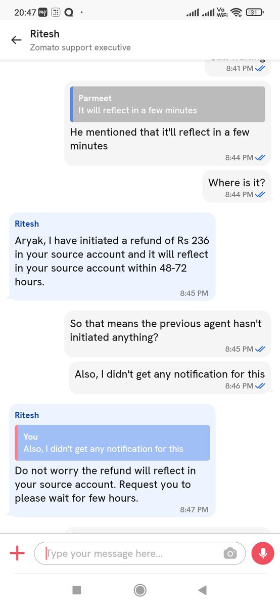 daggerhunt's tweet photo. @zomato @zomatocare 

Please help. 

Order: 4166870874

I had undelivered and tampered items. I was told by the customer care executive that the refund will be triggered by 48 hours. It's been 3 days now. Can you please check why the refund wasn't triggered?
+ Attaching the chat https://t.co/8B6nkUc7XD