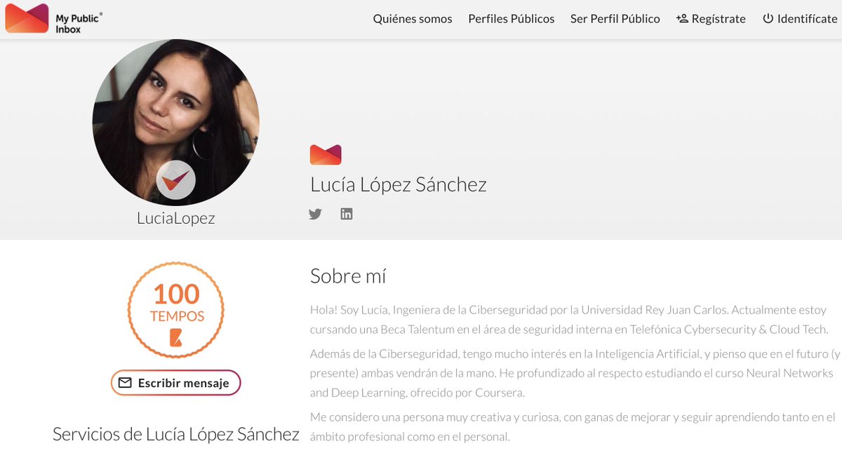 Damos la bienvenida a la plataforma a <a href="/0xLucia/">Lucía López</a>, ingeniera de la ciberseguridad actualmente cursando una Beca Talentum en el área de seguridad interna en Telefónica Cybersecurity &amp; Cloud Tech. #ApoyamosElTalento
mypublicinbox.com/LuciaLopez