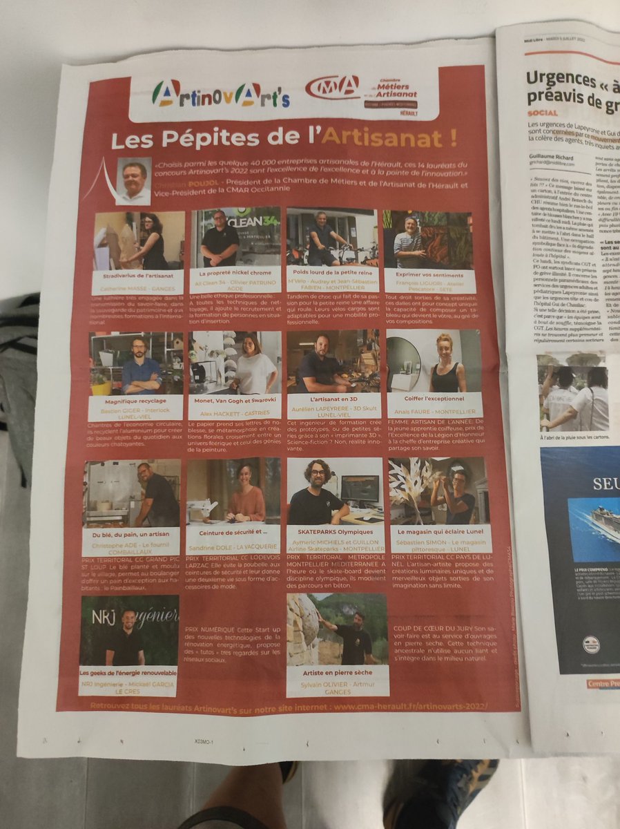 Vainqueur du concours #Artinovarts2022 avec 13autres lauréats.Nous avons eu droit à une pleine page dans <a href="/MLMontpellier/">Midi Libre Montpellier</a> Merci <a href="/CMA_HERAULT/">CMA34</a>