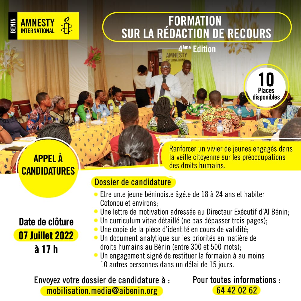 amnestybenin's tweet image. Encore quelques heures pour postuler à notre appel à candidature pour suivre la formation sur la rédaction des recours. 
Vous avez entre 18 et 24 ans, cette opportunité est pour vous. 
N’hésitez plus. 
La clôture est de l'appel est pour ce jeudi.
amnestybenin.org/appel-a-candid…
#Youth