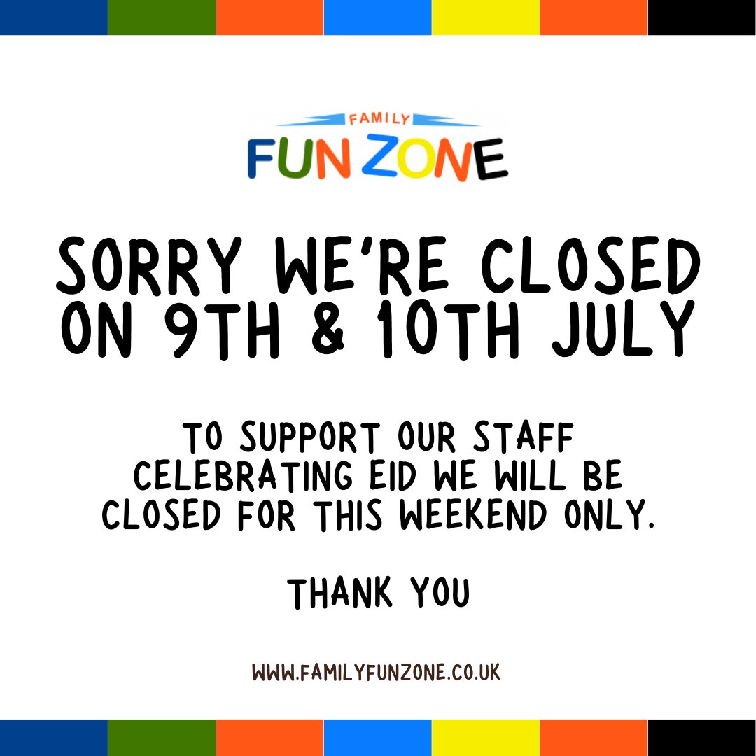 🚨 NOTICE 🚨

To support our staff celebrating Eid we will be closed on Saturday 9th and Sunday 10th July 2022.

#familyfunzone #starcity #birmingham #thingstodoinbirmingham #thingstodowiththekids #activitiesbirmingham #artsandcrafts #archery #bbguns #softplay