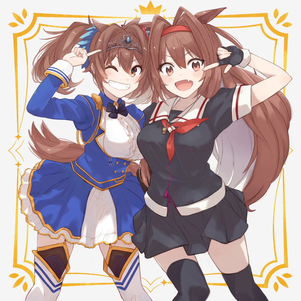 daiwa scarlet (umamusume) ,shiratsuyu (kancolle) multiple girls 2girls long hair horse ears animal ears brown hair horse girl  illustration images