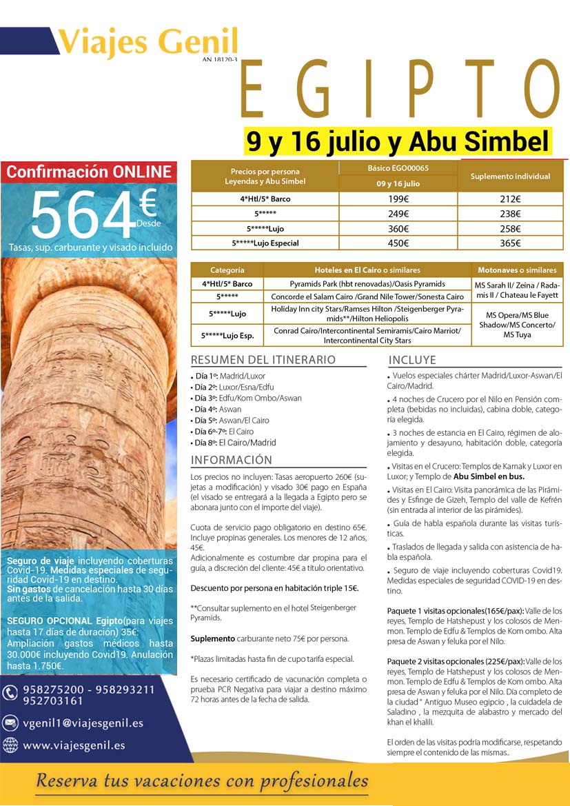 ¿Aún pensando en qué destino elegir para tus vacaciones?🤔

Aquí te dejamos esta fantástica oferta 🫰.  Llámanos cuanto antes para reservar tu plaza 🏃‍♀️🏃
👇
☎️958275200-952703161

#egipto #ofertasdeviaje #viajesgenil #ganasdeviajar #verano2022 #viajaresvivir