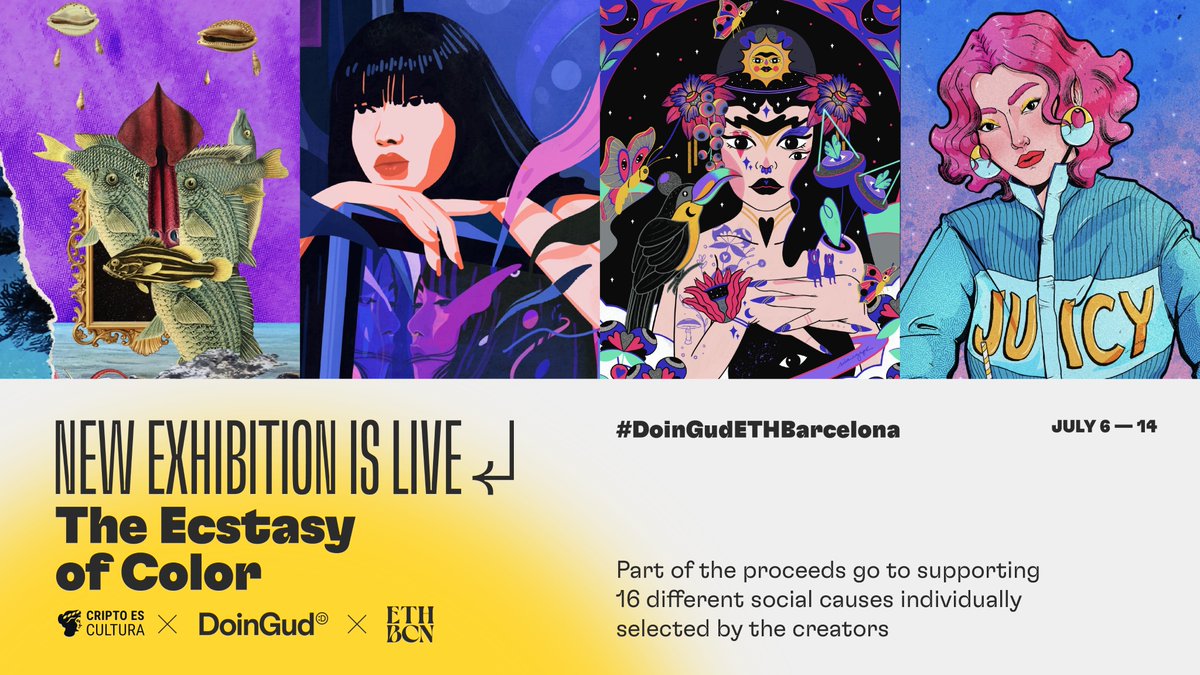 👀The Ecstacy of Color is live! 🎉 -  This exhibition features work by <a href="/criptoescultura/">Sabrina S. Bonini</a>, curated by <a href="/FabianadeDe/">Fabiana De Luca</a>, and supports 16 different social causes individually selected by the creators. <a href="/DoinGudHQ/">DoinGud ( :D , :D )</a> <a href="/eth_barcelona/">ETHBarcelona</a> 

Drop info 🌎❤️👇
doingud.com/exhibition/the…