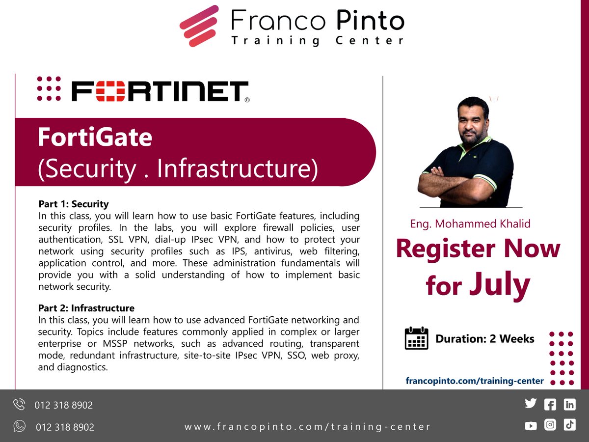 PintoTraining's tweet image. Franco Pinto Training Center presents 
FortiGate (Security and Infrastructure)

Instructor: Eng. Mohammed Khalid

REGISTRATION OPEN !!!

Tel &amp;amp; WhatsApp: 0123188902

Registration form:
docs.google.com/forms/d/e/1FAI…

#fortigate #fortigatesecurity #fortigateinfrastructure